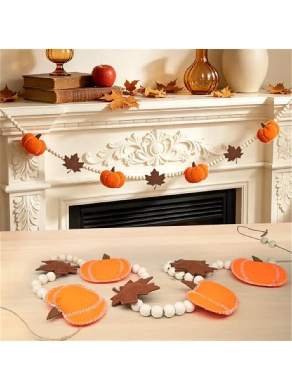 6.8 FT Fall Pumpkin Garland with Maple Leaves and Wood Beads, Autumn Decor